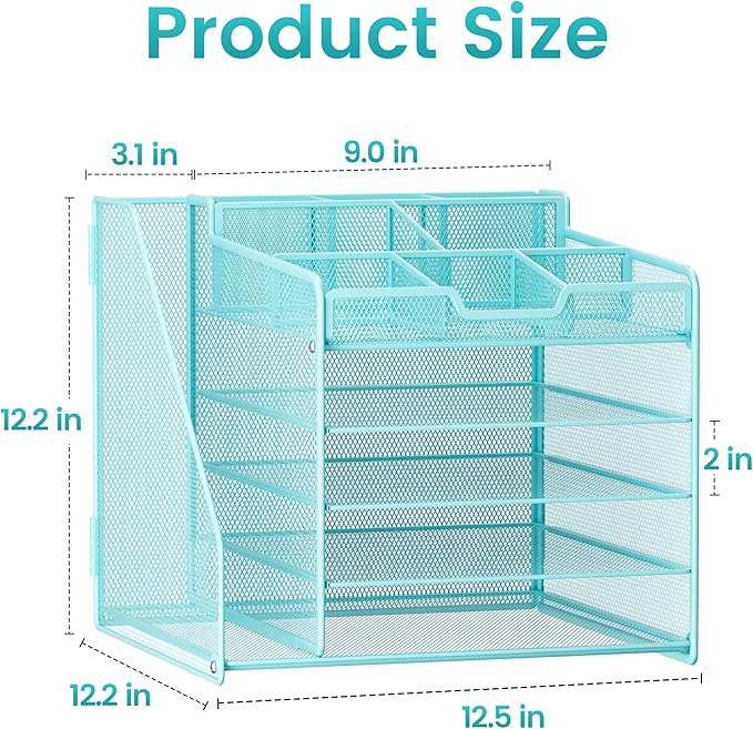 Lavatino 5-Tier Metal Mesh Desk Organizer with File Holder & 7 Customizable Compartments | Paper Letter Tray for Office or Home Desk Storage | Keep Workspace Supplies Neat & Organized, Blue