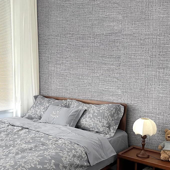 Grey Grasscloth Peel and Stick Wallpaper 17.3"x1200" Faux Linen Textured