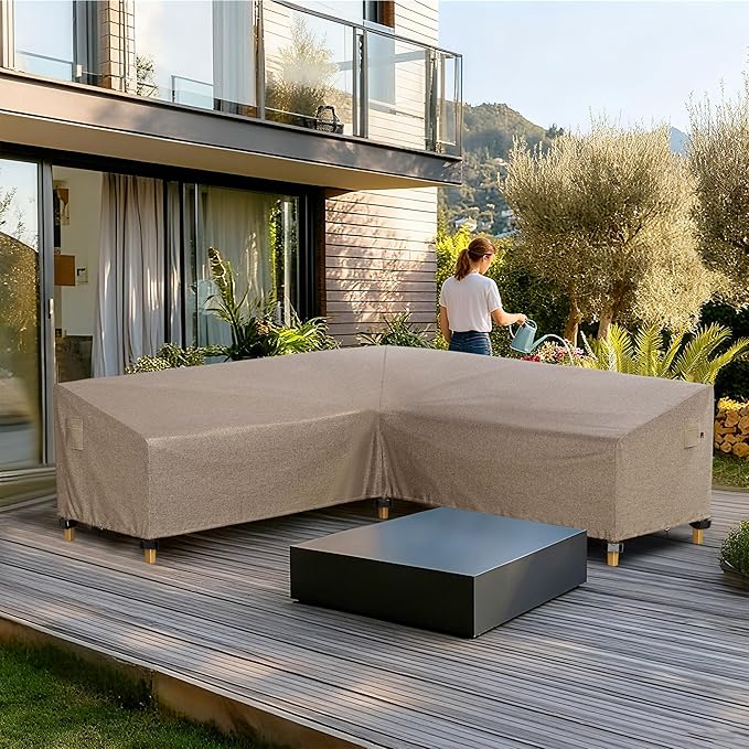 iBirdie Outdoor Patio Furniture Cover fit 87" x 112", 85" x 110", 84" x 108" L-Shaped Sectional Sofa, Waterproof Weatherproof Heavy Duty 600D Garden Cover for Outside L Shape Couch, Brown