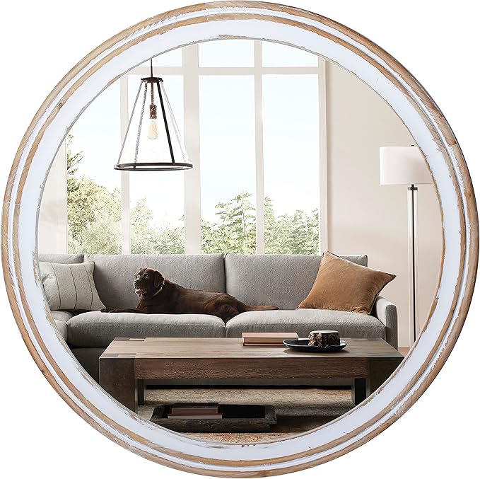 Reflinto 30 Inch Rustic Farmhouse Wooden Round Mirrors