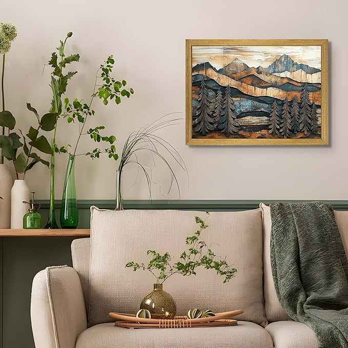 Vintage Boho Mountain Wall Art, Framed Landscape Canvas Wall Art, Nature Forest