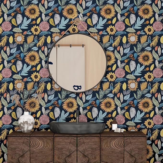 Blue Wallpaper Peel and Stick, Vintage Boho Floral Contact Paper, 17.5" x
