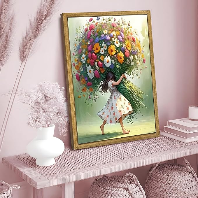 Wood Framed Pink Wildflower Canvas Wall Art, Girl Hugging Flowers Poster Prints