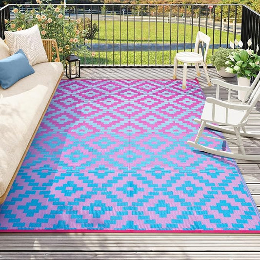 Anidaroel Ombre Camping Rug for Outside RV, 8x10 Waterproof Outdoor Rug for Patio Clearance, Reversible Plastic Straw Outside Area Rug for Camper, Backyard, Picnic(Blue&Purple,8âx10')