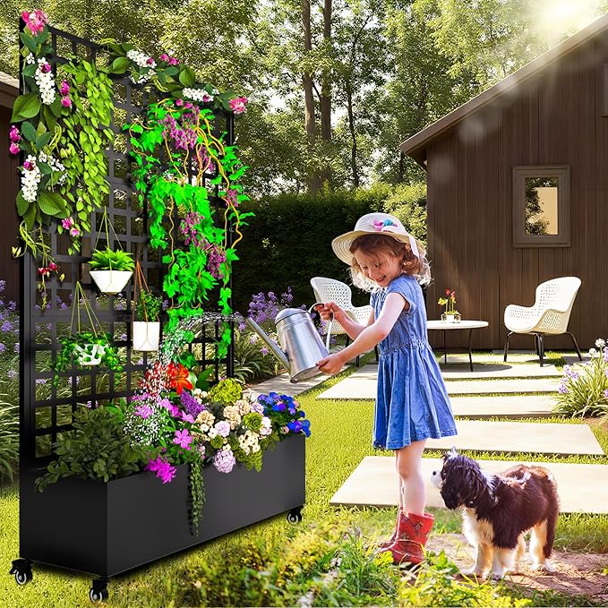 MTART Metal Planter Box with Trellis, 72.1"x47.2"x16" Galvanized Raised Garden