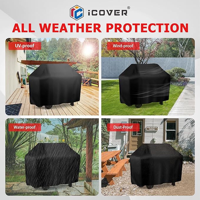 i COVER Grill Cover, 58 inch BBQ Grill Cover for Outdoor Grill, Anti-UV & Fade Resistant Gas Grill Cover, Waterproof Barbecue Grill Covers for Weber, Char-Broil, Nexgrill and More, Black
