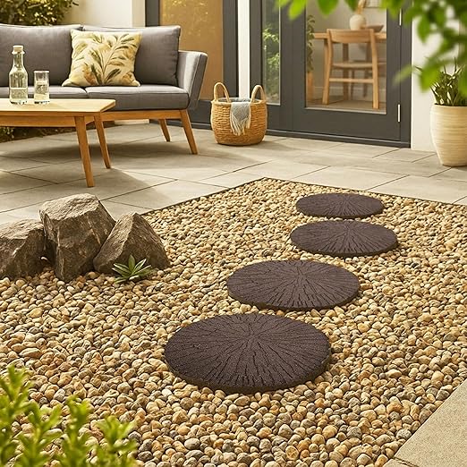 Tierra Verde 4-Pack 18”x18” Fake Cracked Log Rubber Stepping Stones, Round, Brown – Reversible Non-Slip Outdoor Faux Decorative Set for Landscaping – DIY Decor for Walkways & Yard Pathways