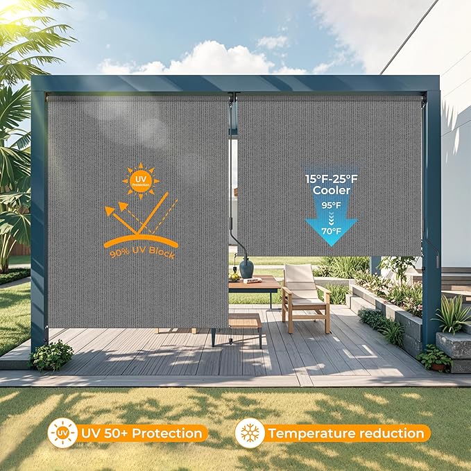 HOMEDEMO Outdoor Roller Shades for Patio, Sun Roller Shade Cloth Roll Blinds
