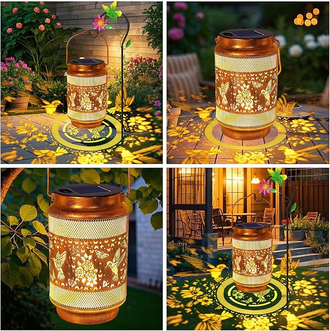 2 Pack Hummingbird Solar Lanterns Outdoor Waterproof Solar Garden Decor, Birthday Gifts for Mothers Day Women Mom Grandma, Metal Hanging Lights with Shepherd Hook for Yard Patio Pathway Backyard Porch