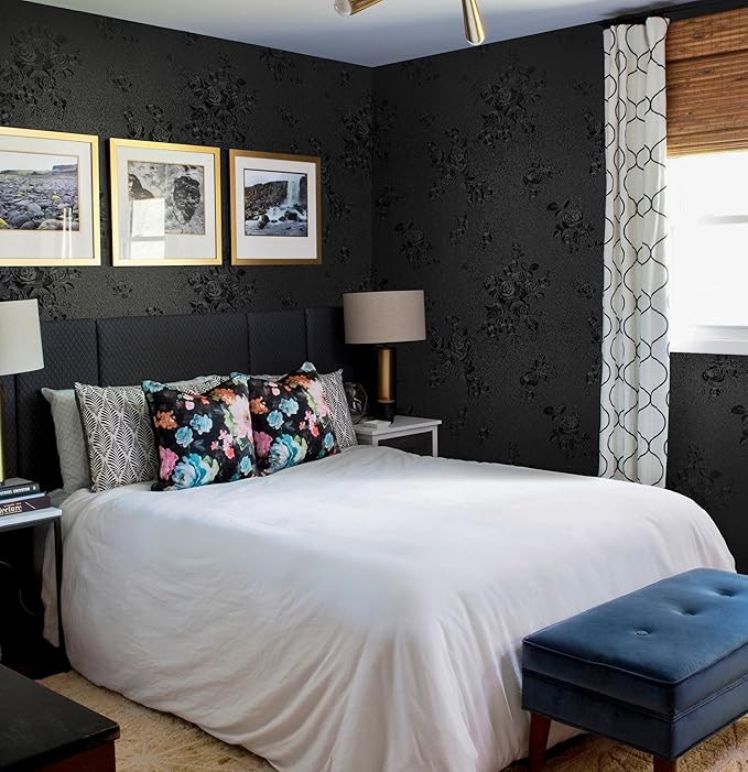 Erfoni Black Peel and Stick Wallpaper Black Floral Embossed Contact Paper