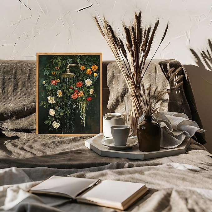 Floating Framed Floral Shower Wall Art, Vintage Botanical Flower Canvas Print
