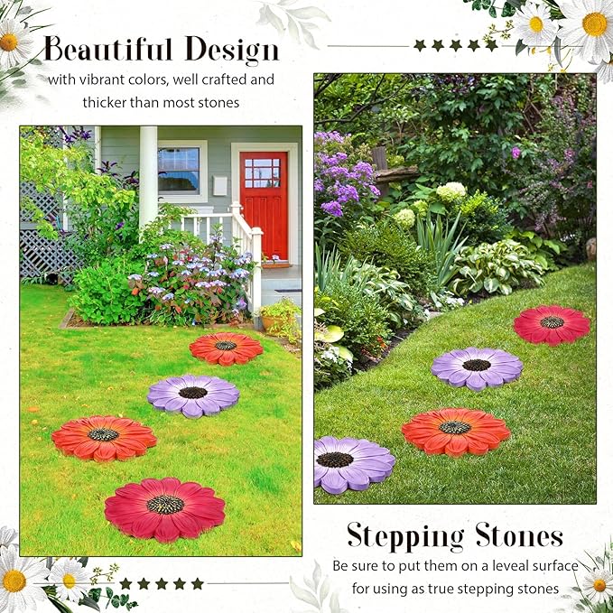 Cinnvoice 3 Pack Garden Stepping Stone Outdoor, Decorative Dimensional Resin Stepping Stones for Patio Pathway Landscaping Walkway Sculpture Yard Backyard Lawn(Daisy,10 Inches)