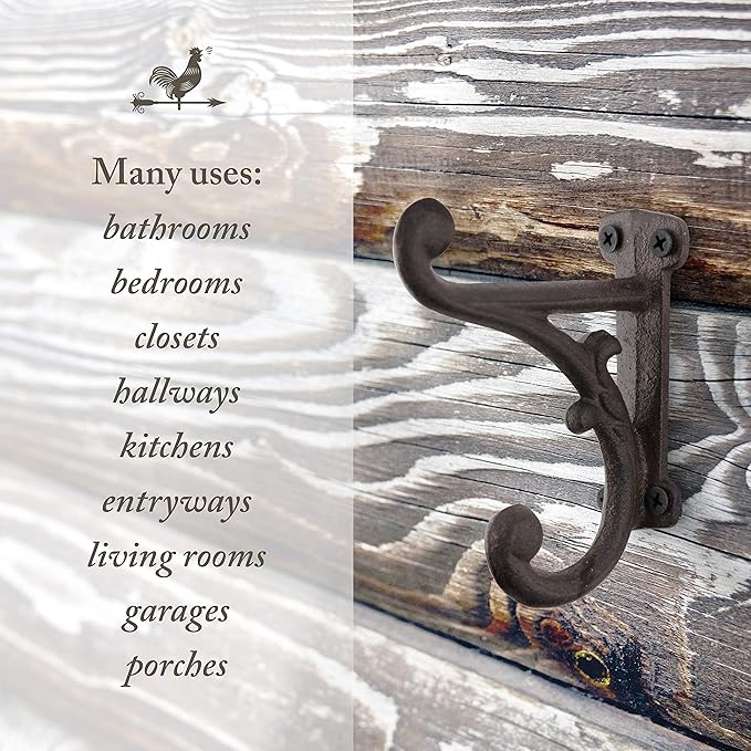 Rustic Cast Iron Coat Hooks Rustic Dark Brown, Wall Mounted, Farmhouse