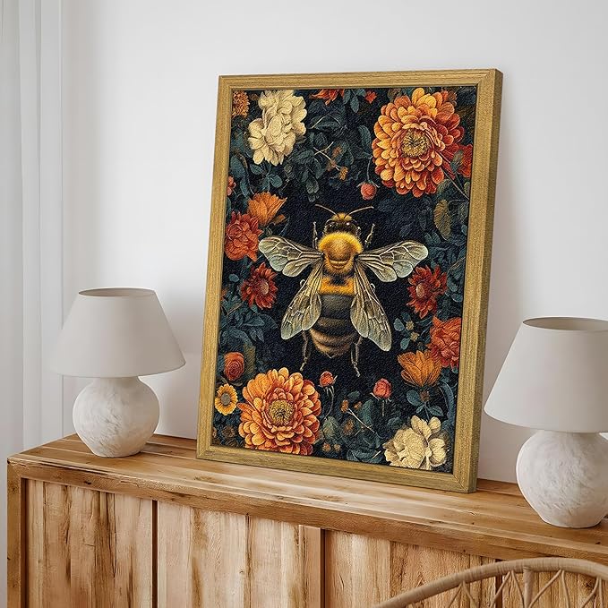Framed Hand Drawn Sandstone Bee Wall Art, 3D Textured Nature Botanical Wall