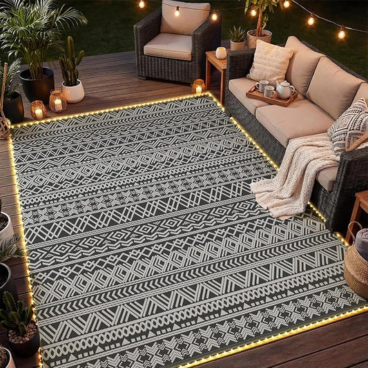MontVoo-Outdoor Rug Carpet 6x9 ft for Patio RV Camping with Led Strip Lights Waterproof Plastic Straw Rug Reversible Portable Outside Indoor Outdoor Rug Mat for Patio Decor Balcony Picnic-Boho