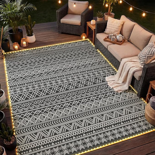MontVoo-Outdoor Rug Carpet 8x10 ft for Patio RV Camping with Led Strip Lights Waterproof Plastic Straw Rug Reversible Portable Outside Indoor Outdoor Rug Mat for Patio Decor Balcony Picnic-Boho Rug