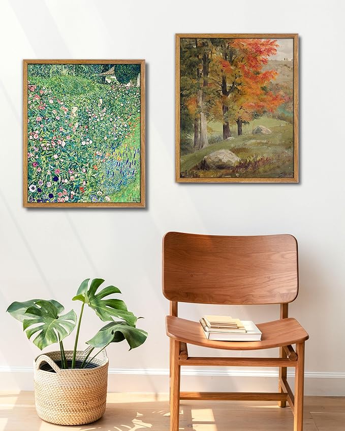 UPWOIGH 16x24 in Large Framed Wall Art, Gustav Klimt Green Botanical Oil Painting Canvas, Vintage Italian Garden Floral Landscape, Retro Moody Wall Decor for Living Room Bedroom, 1 Pack Gift
