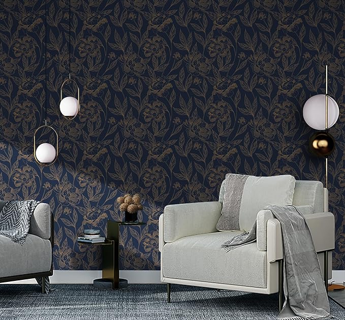 Timeet Peel and Stick Wallpaper Gold and Blue Floral Wall Paper