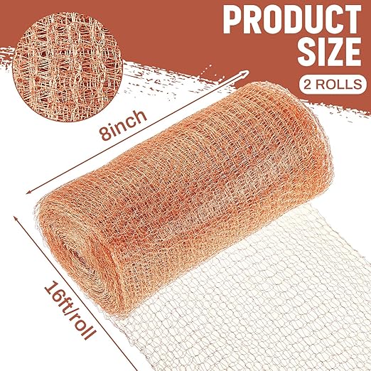 Gisafai 8" x 32 ft Copper Mesh Rodent Control Copper Wool for Slugs Rustproof DIY Hole Filler Pure Wire Mesh for Bat Snail Bird Pest Rodent Control Gap Blocker Fill Fabric Hole Gardening (2 Roll)