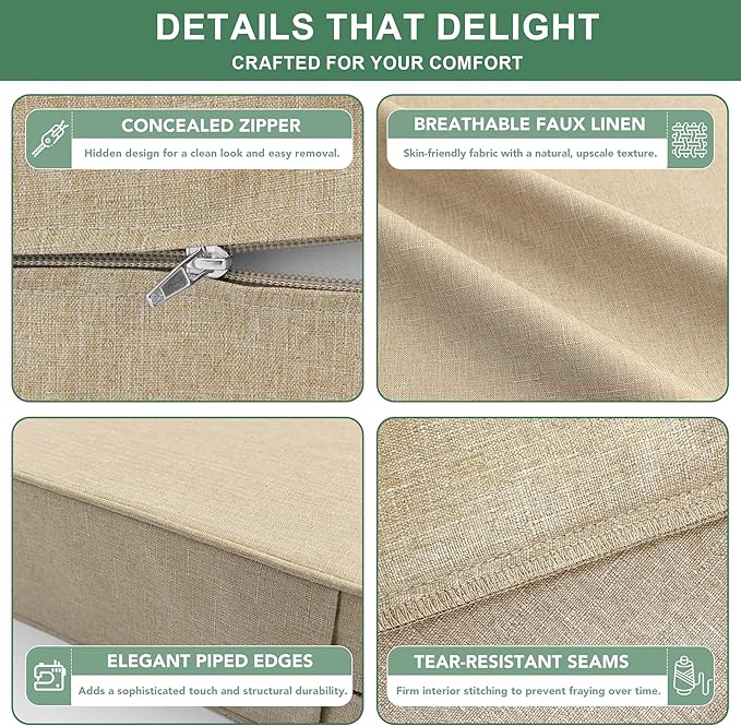 Summsun Outdoor Chair Cushions 19 x 19 Inch, Faux Linen Patio Furniture Cushions, Water Resistant Backrest and Seat Cushion Set with Ties, Removable Cover, Non-Slip Bottom, Nature