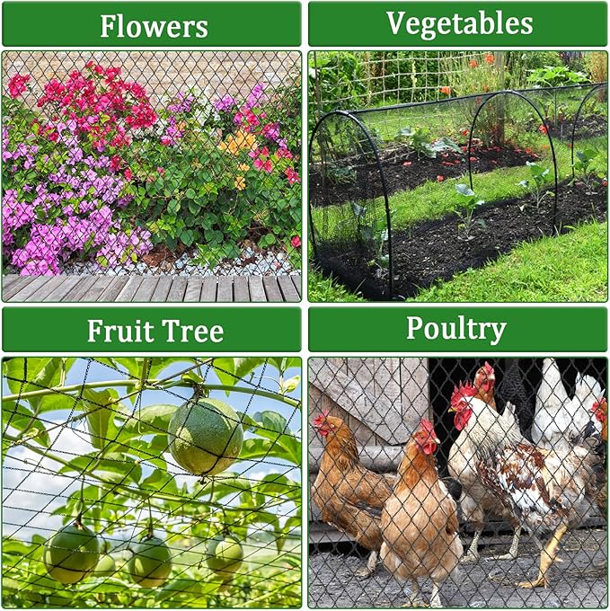 Bird Netting for Garden,8 X 65 Ft Reusable Protective Garden Netting Cover for Plants Fruit Trees Vegetables, 5/8in Mesh Heavy Duty Poultry Fence Animal Barrier with Ties and Staples