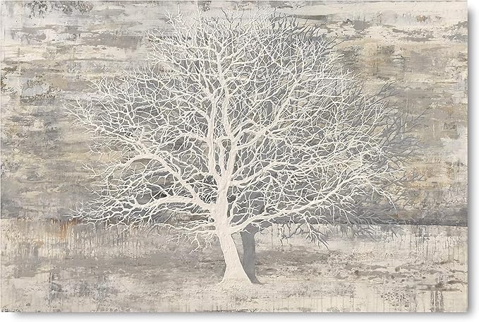 Yihui Arts Tree Of Life Canvas Wall Art Hand Painted Grey White Beige Paintings
