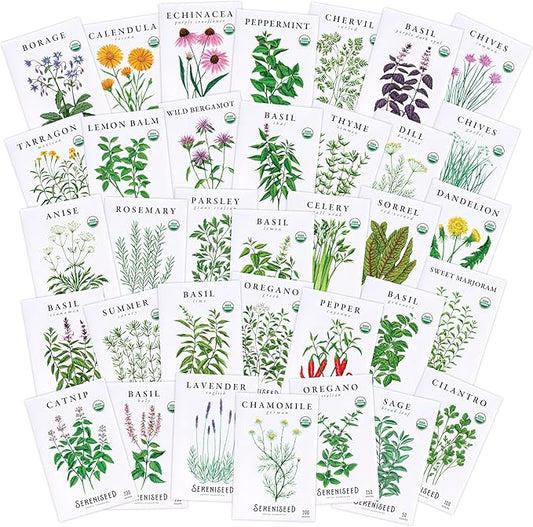 Sereniseed Certified Organic Herb Seeds (35-Pack) â Non GMO, Heirloom â Seed Starting Video â Basil, Cilantro, Oregano, Thyme, Parsley, Lavender, Chives, Sage, Dill Seeds for Indoor & Outdoor Planting