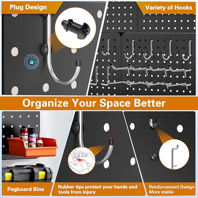 Peg Board, 6 Pack Black Peg Board Panels, 50lbs Load Capacity Each, Pegboard