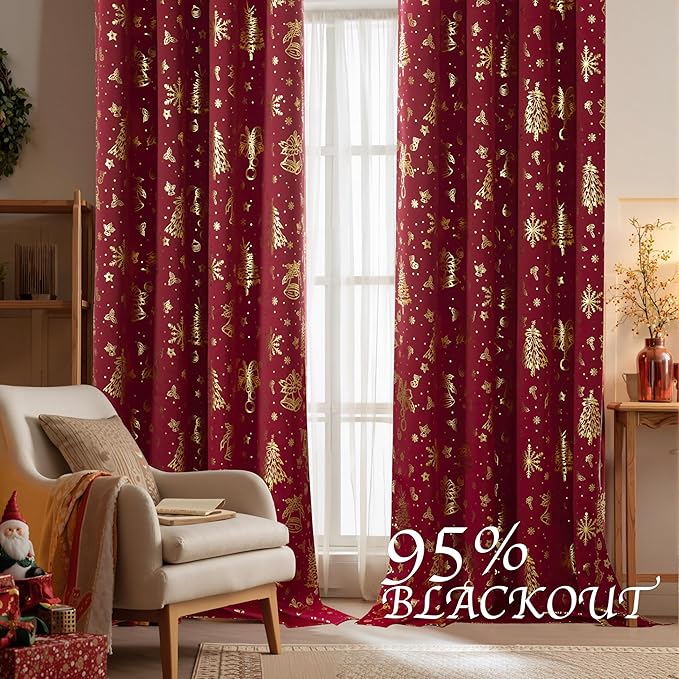 NICETOWN 2 Panels Red Christmas Curtains W42 x L63 in, Rod Pocket Gold Stamping