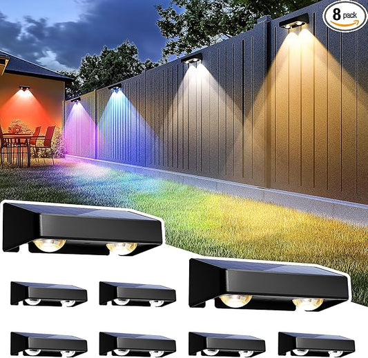 SOLPEX Solar Fence Lights Outdoor, 9 Fixed Colors ï¼ Color Changing Fence Solar Lights Outdoor Waterproof IP65, LED Deck Lighting for Halloween Backyard Wall Step Patio Railing Pool Porch (8 Pack)