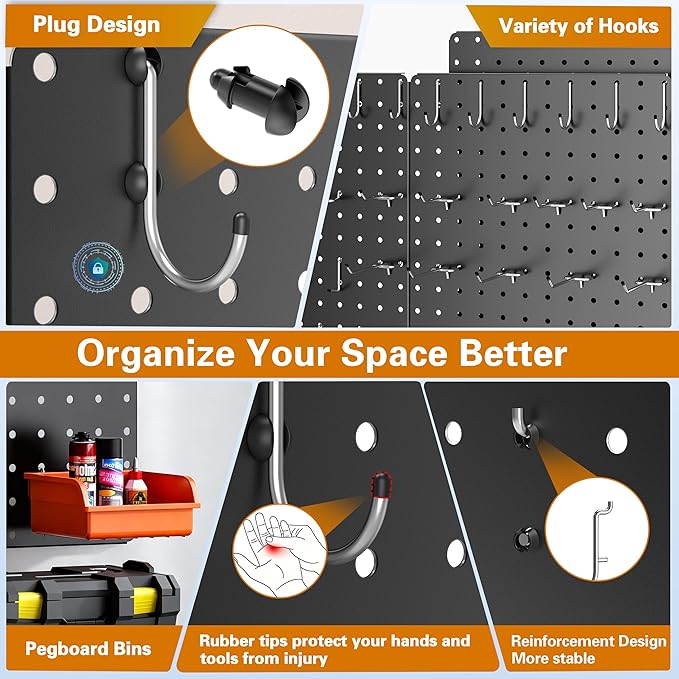 Peg Board, Total 32” x 32”, 4 Pack Black Peg Board Panels, 50lbs Load Capacity