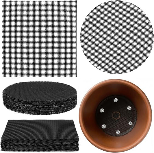JJUNW 100Pcs Bonsai Pot Meshs Pad, 4 inch Round&Square Flower Pot Hole Mesh, Drainage Mesh Hole Screens Durable Reusable Bonsai Bottom Grid Mat Gardening Essentials