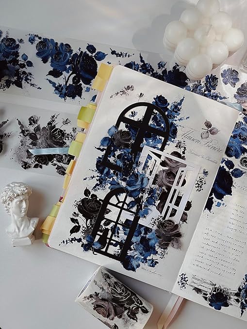 WT Rose Noir Wide PET Tape Gilded,Single Roll,Original Designs,Black Floral Decors,Transparent Clear Adhesive Tape,Gold Foil,Scrapbooks Junk Bujo Journals Planners DIY Crafts Supplies Gifts