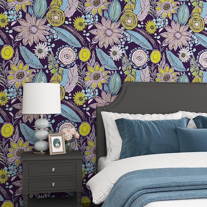 Purple Boho Wallpaper Peel and Stick, Vintage Yellow Floral Contact Paper 17.5"