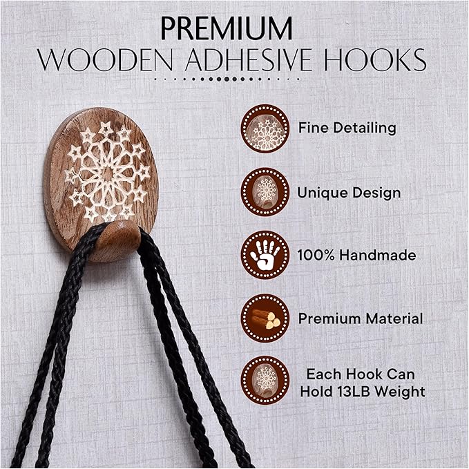 IndianShelf 6 Lb- 24 Pieces Decorative Wood Adhesive Wall Hooks–Boho Peel and