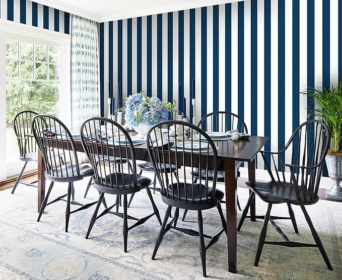 Guvana 17.7"x197" Navy Blue Wallpaper Striped Peel and Stick Wallpaper Blue and