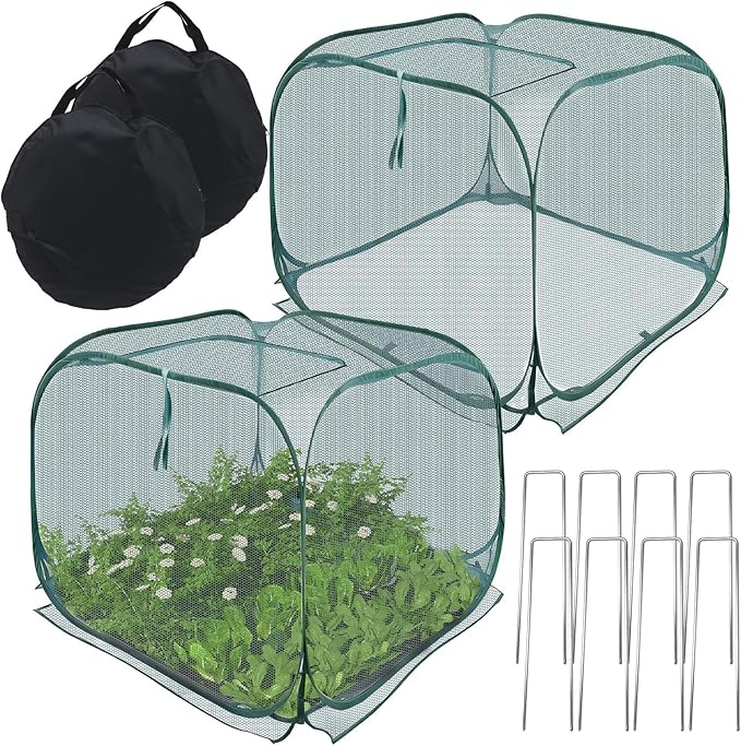 EATAKWARD 2 PCS Foldable Plant Protector, 35" x 35" x 27.5" Pop-Up Mesh Cover, Bird Betting for Garden, Garden Bed Cover for Outdoor Vegetables, Fruits, and Flowers