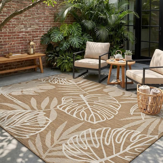 MontVoo-Outdoor Rug-Patio Rug 5x7 ft Polypropylene Indoor Outdoor Rugs Outdoor Carpet for Patio Deck Balcony Porch, Textured Weave, Durable for High Traffic, Fade-Resistant, Tropical Neutral Brown