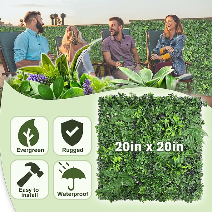 Artificial Green Boxwood Grass Wall Panels: 20"x 20" UV Protected Ivy Privacy
