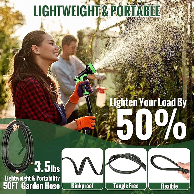 Garden Hose 50ft Flexible Water Hose Non-Expandable High Pressure Kink-Free Leakproof Durable Portable Lightweight Outdoor Yard Lawn Black Fabric Watering Hose with 3/4" Aluminum Fittings