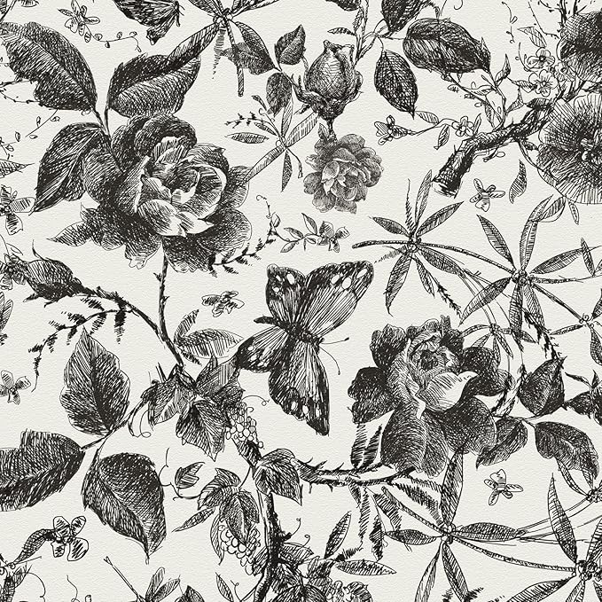 JiffDiff Floral Vintage Wallpaper Peel and Stick Wall Stick Black and White