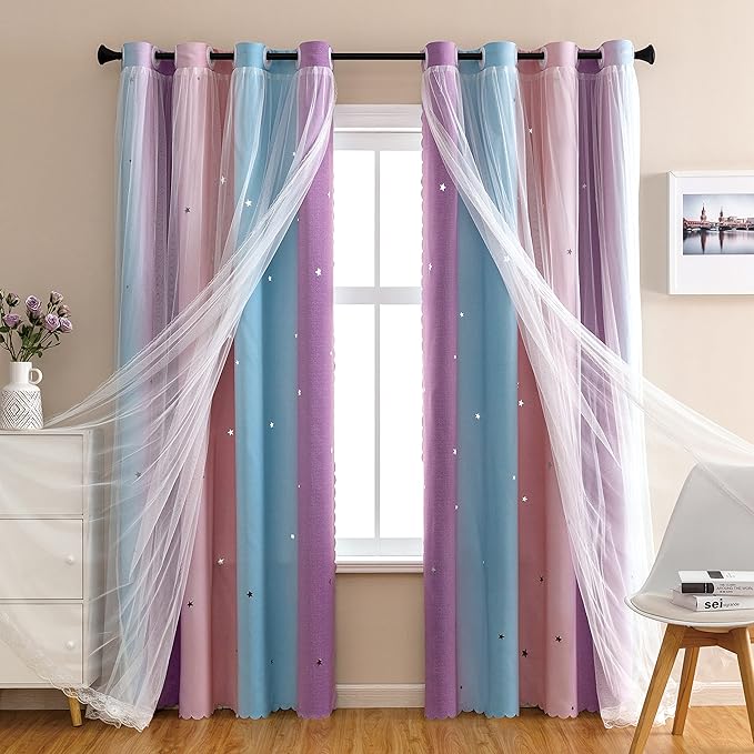 XiDi Girls Curtains for Bedroom, Princess Unicorn Wall Decals Pink 63 Inches