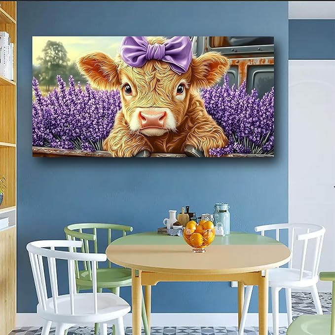 Haichuang Decor Art 40x20 Inch Highland Cow Canvas Wall Art, Cute Cow with Purple Bow & Lavender Field Print, Framed Ready to Hang for Living Room Bedroom Bathroom, Farmhouse Animal Wall Decor