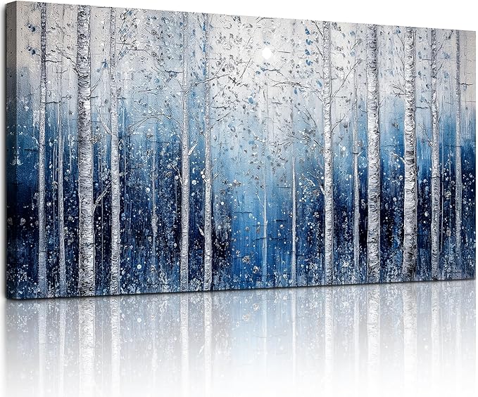 SERIMINO Birch Forest Wall Art, Nature Tree Extra Large Artwork, Spiritual Landscape Canvas Painting, Blue and White Aesthetic Pictures Wall Decor Living Room Bedroom Office Art Prints 29"X57"