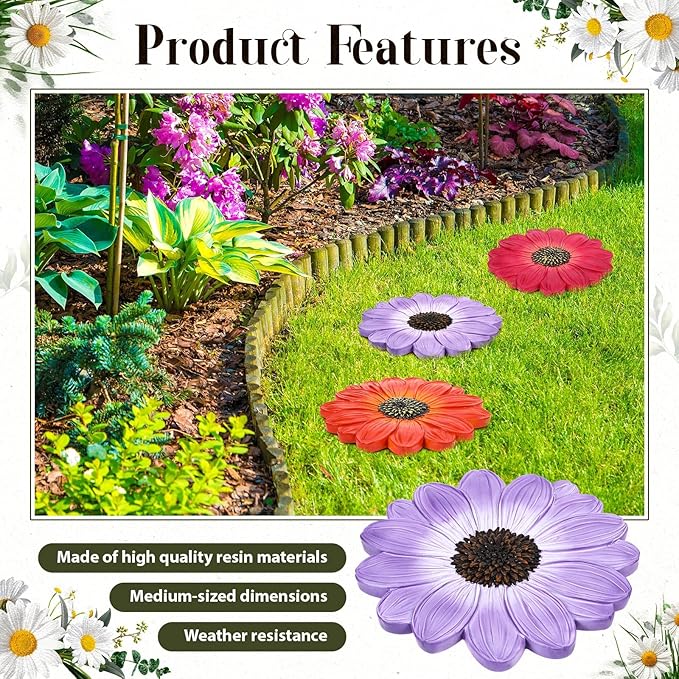 Cinnvoice 3 Pack Garden Stepping Stone Outdoor, Decorative Dimensional Resin Stepping Stones for Patio Pathway Landscaping Walkway Sculpture Yard Backyard Lawn(Daisy,10 Inches)