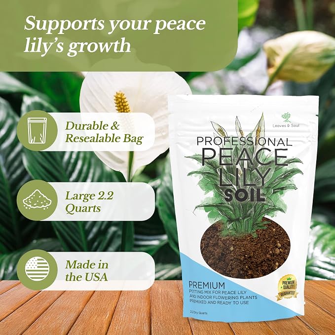 Professional Peace Lily Potting Soil Mix Large 2.2 Quarts Ready to Use, Premium Nutrient-Rich Blend for Indoor Peace Lily Plants, Peat Moss Coco Coir Perlite Dolomite, Well-Draining Soil Made in USA