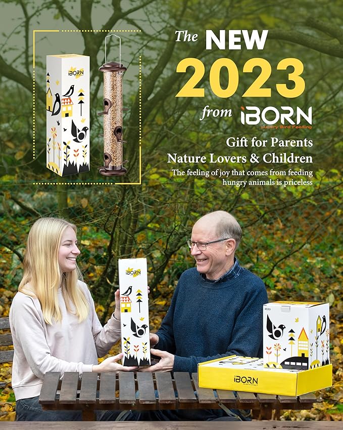 iBorn Metal Bird Feeder Hanging Wild Bird Seed Feeder for Mix Seed Blends Heavy Duty All Metal Coffee Finish,15 Inch 6 Port(Seed is not Included)