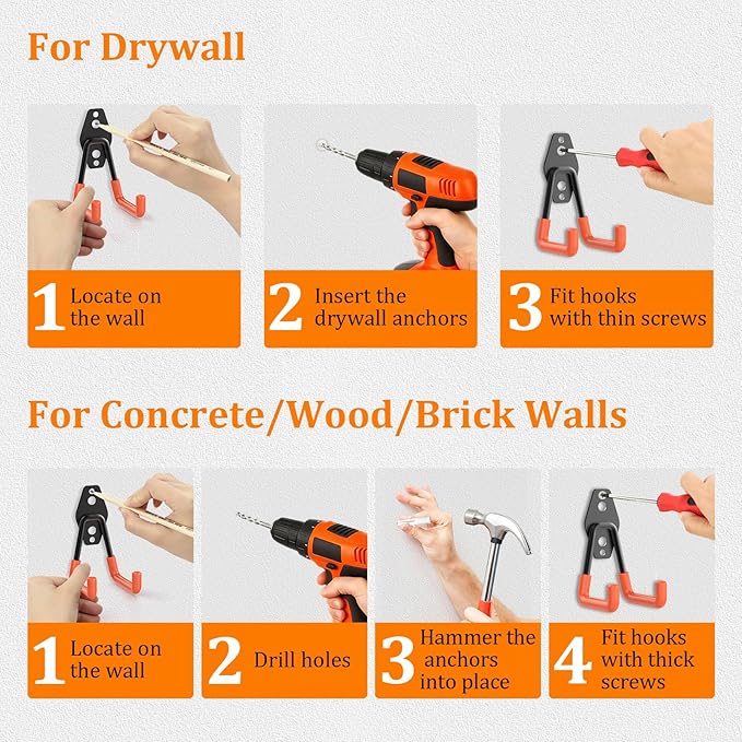 Housolution Steel Garage Hooks - 30Pack Anti-Slip Coating, Heavy Duty Wall Mount Hooks for Bikes, Garden Tools, Ladders, Hose, Bulk Items Ropes, Garage Tool Organizer with Extension Cord Wrap, Orange