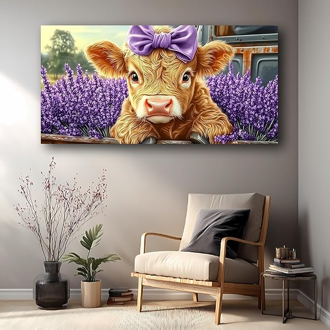Haichuang Decor Art 40x20 Inch Highland Cow Canvas Wall Art, Cute Cow with Purple Bow & Lavender Field Print, Framed Ready to Hang for Living Room Bedroom Bathroom, Farmhouse Animal Wall Decor