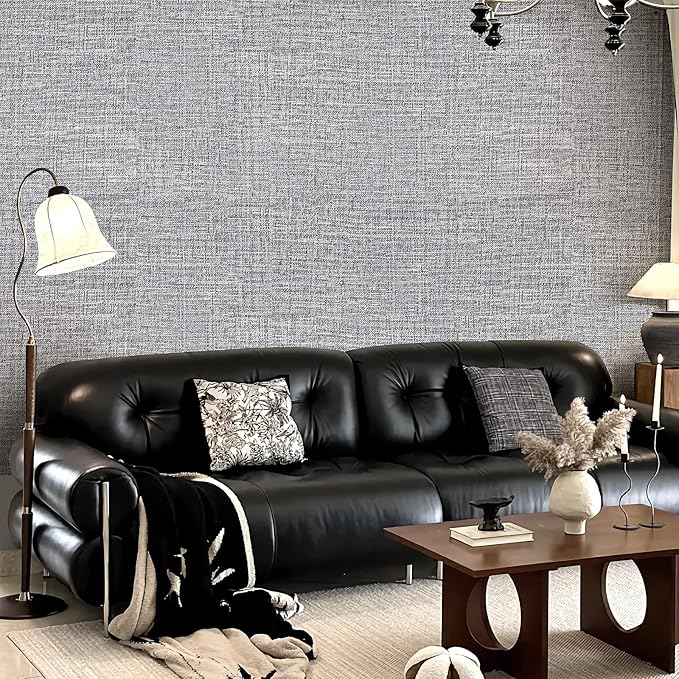 Grey Grasscloth Peel and Stick Wallpaper 17.3"x160" Faux Linen Textured Contact